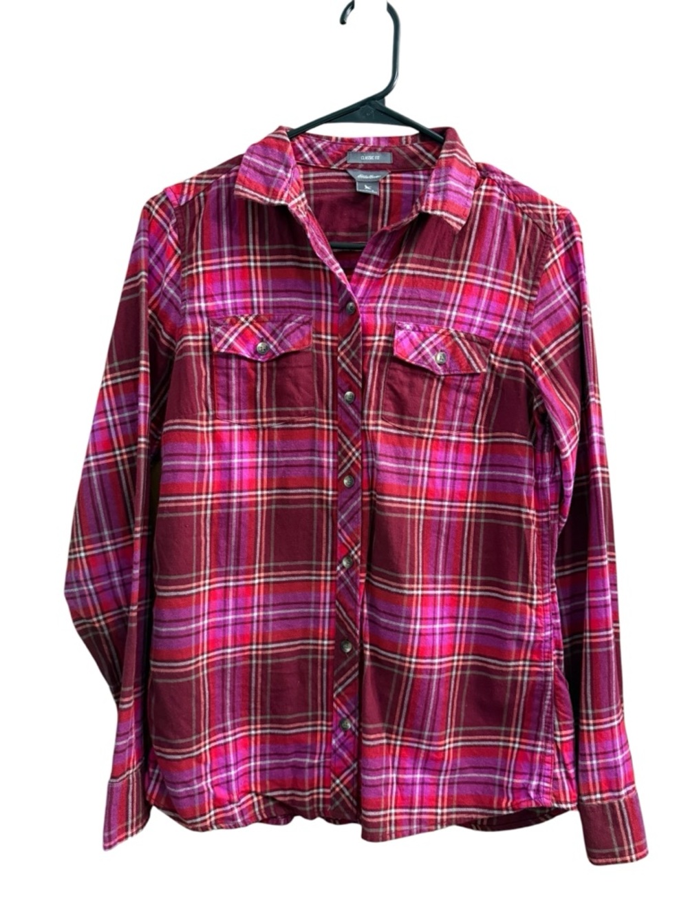 Eddie Bauer Red & Pink Plaid Button-Down Flannel Shirt Classic Fit